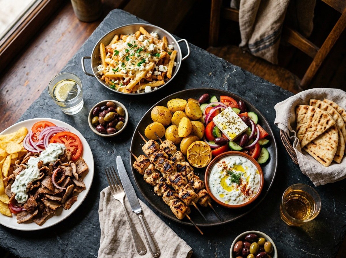Peter's on Eglinton Greek souvlaki platter, gyros, roast potatoes, and tzatziki